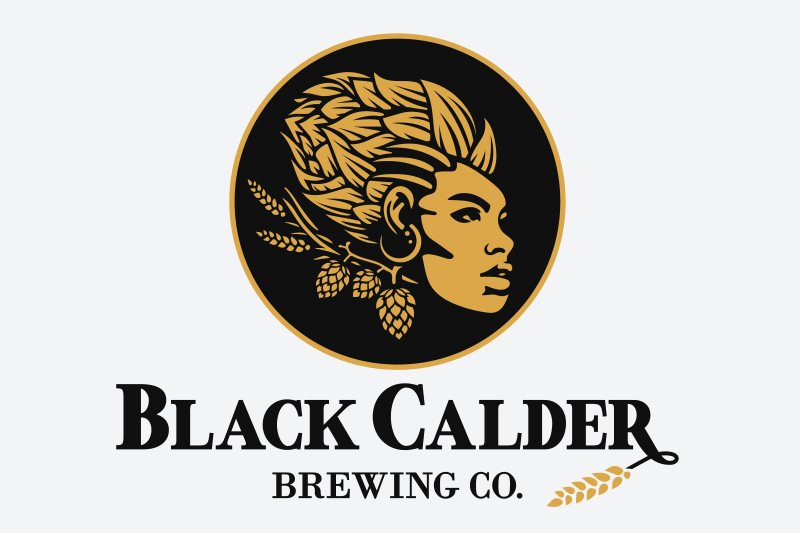 Black Calder Brewing Company logo design that features hops and goddess of harvest